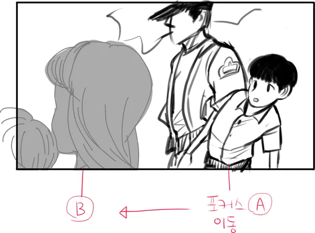 Over a woman's shoulder: a uniformed man and the boy. Focus pull marked A to B.