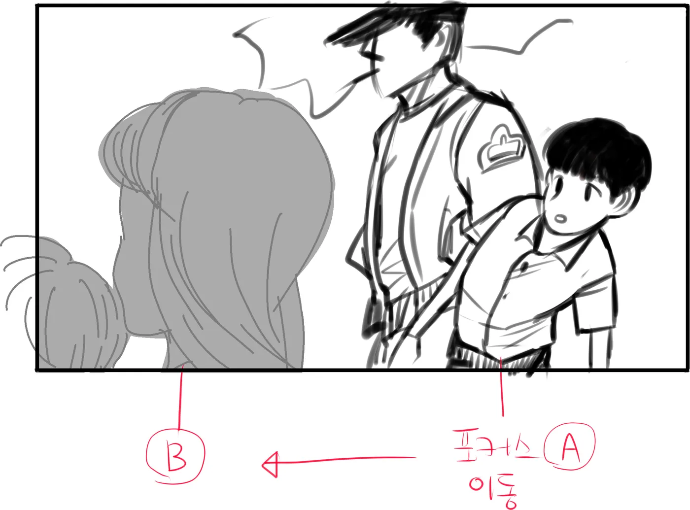 Over a woman's shoulder: a uniformed man and the boy. Focus pull marked A to B.