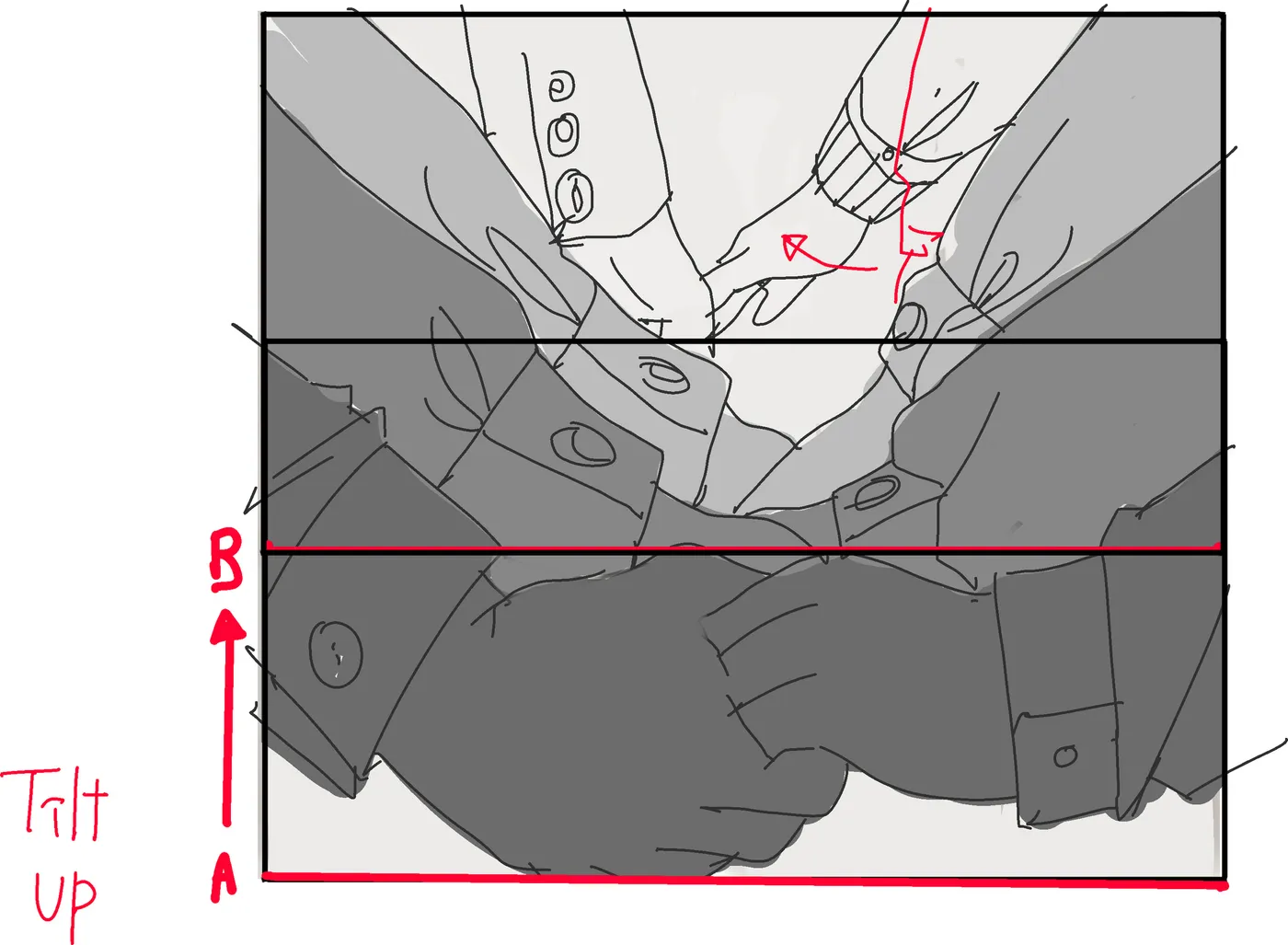 Extreme close-up of hands. A Tilt Up arrow at the left edge.