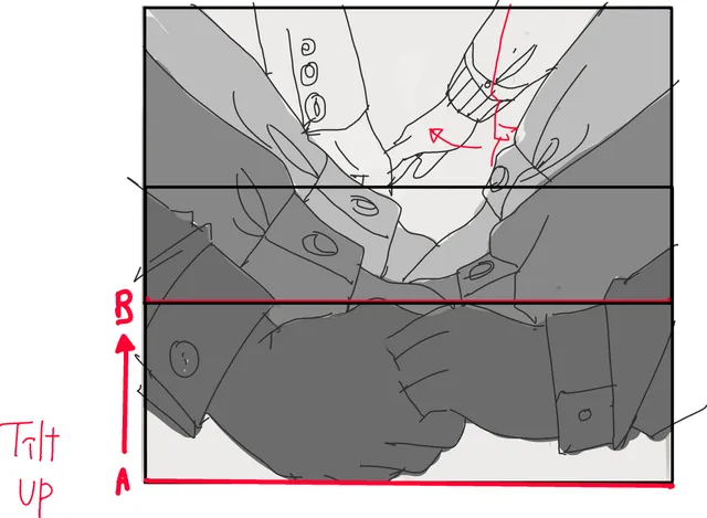 Extreme close-up of hands. A Tilt Up arrow at the left edge.