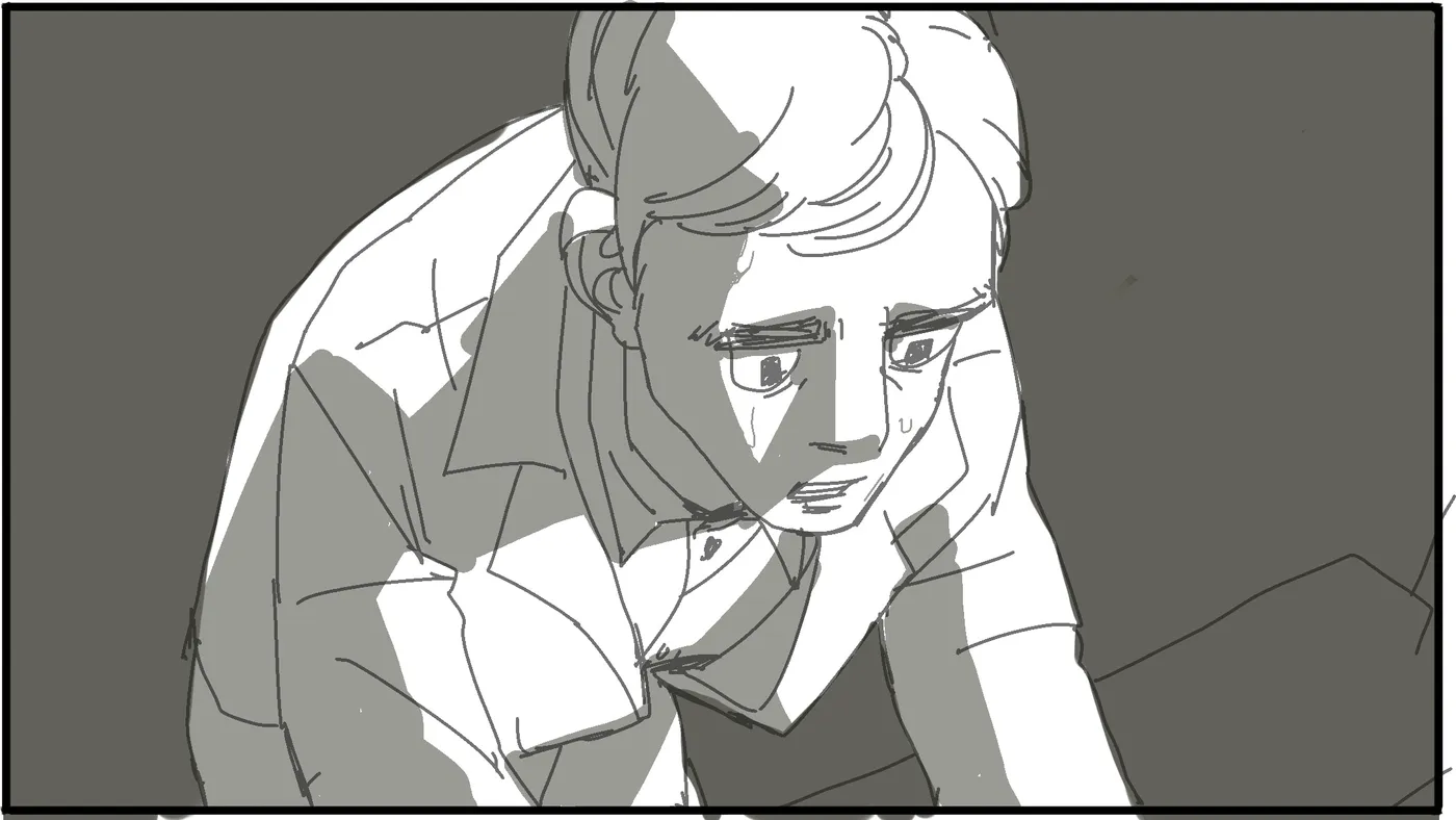Close-up of the boy, dim light.
