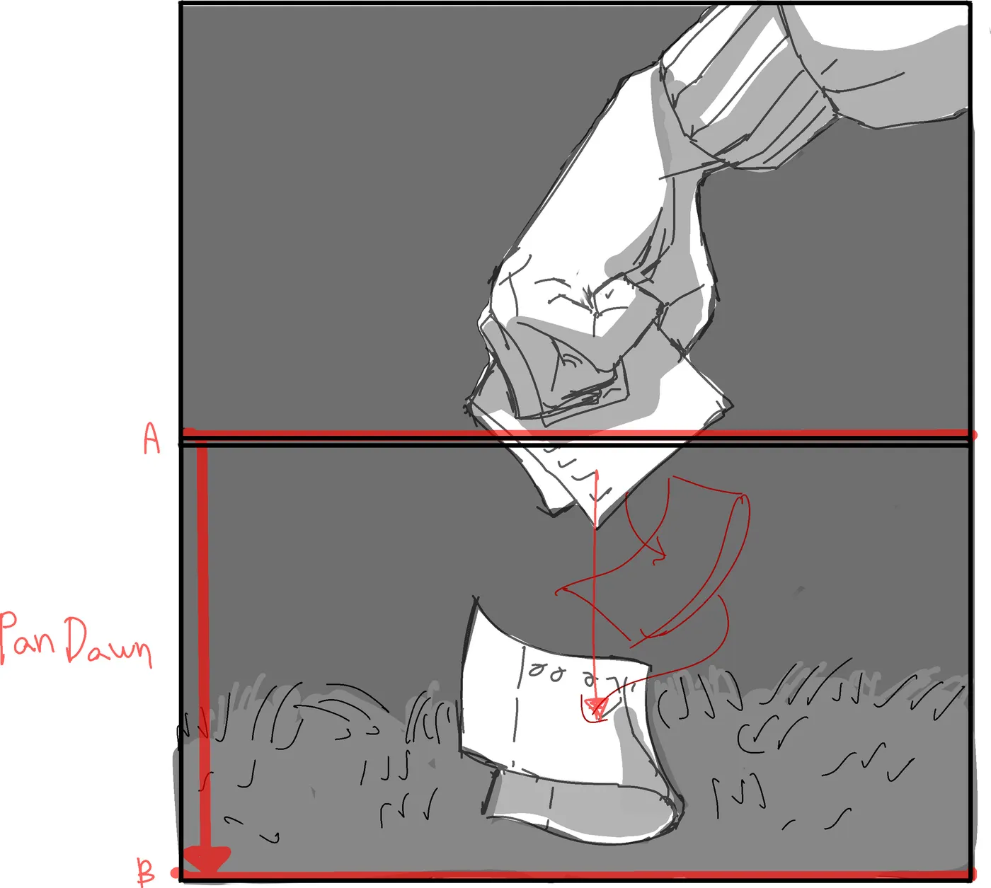 A hand lifts a paper from the grass; Pan Down notation.