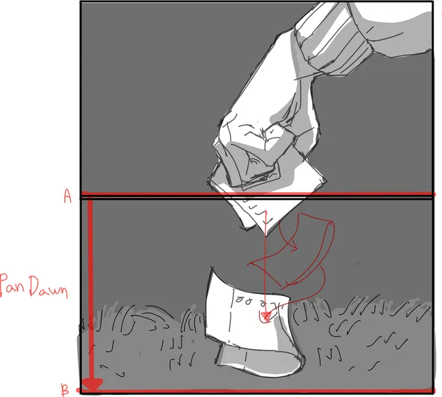A hand lifts a paper from the grass; Pan Down notation.
