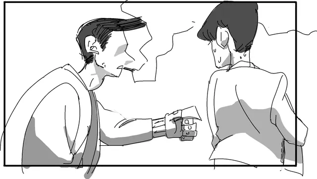 Two men in profile, one handing something to the other.