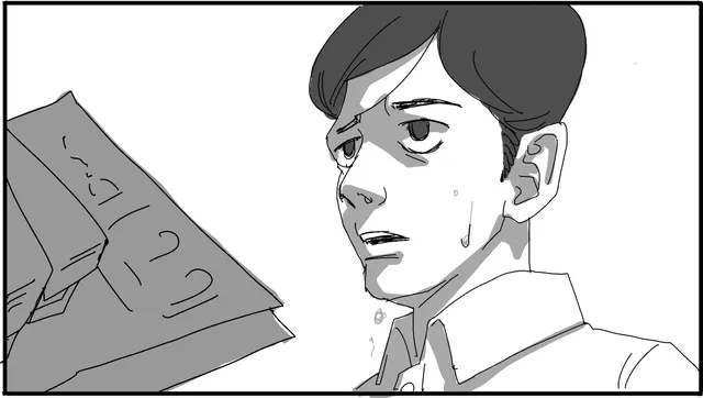 Same framing, the boy's eyes lift.