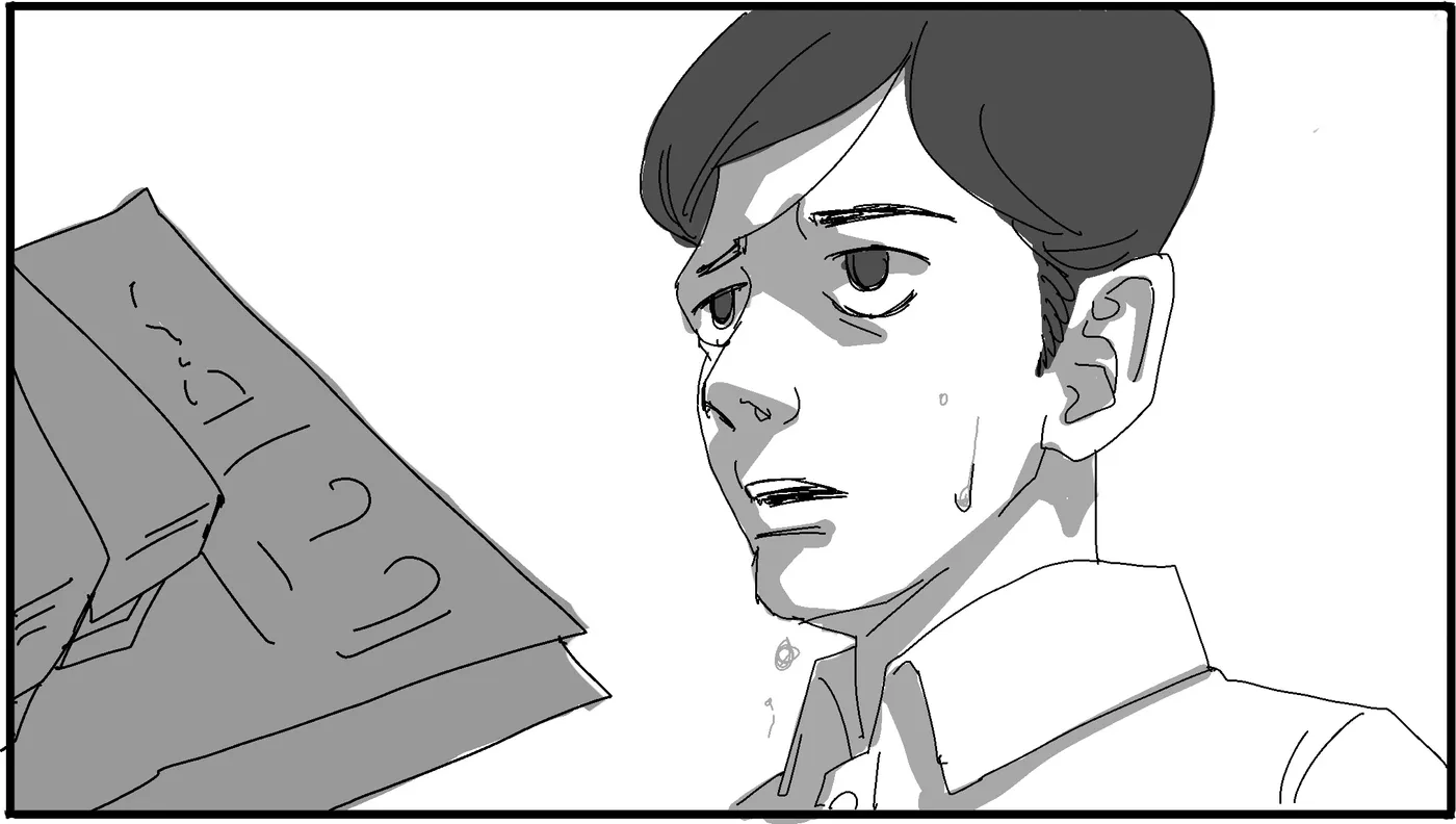 Same framing, the boy's eyes lift.