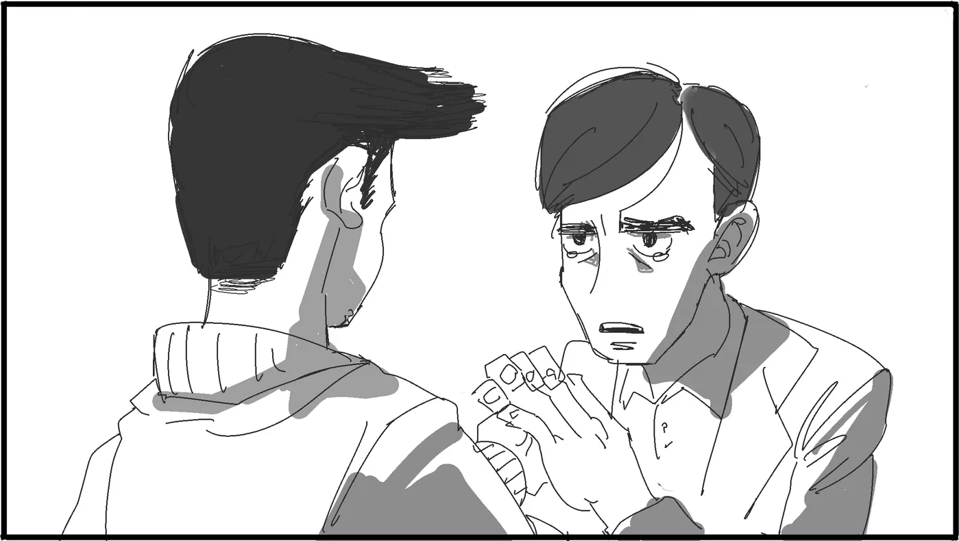 Two men face to face, one gripping his collar.