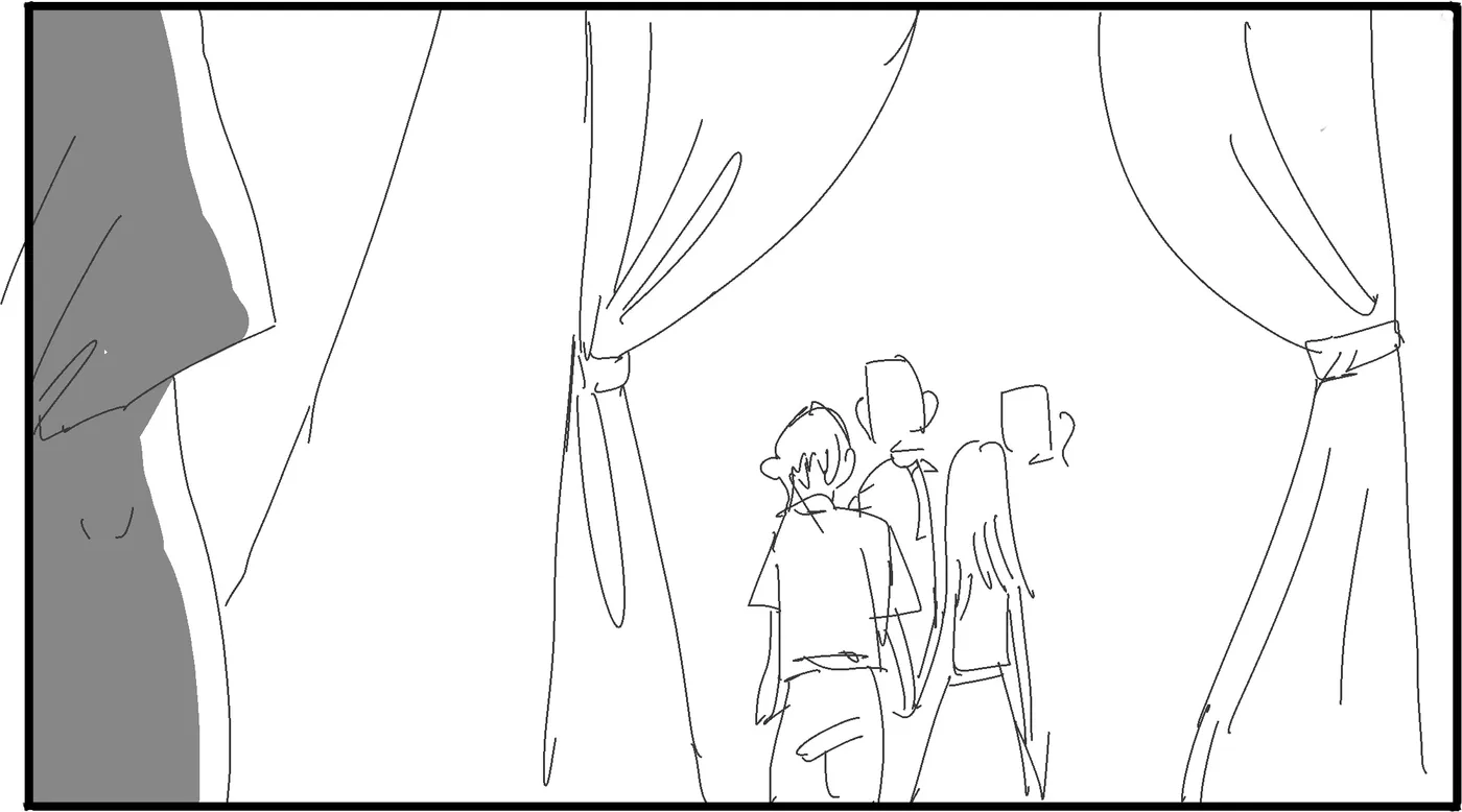 Wide: figures pass through tent curtains.