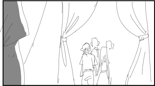 Wide: figures pass through tent curtains.