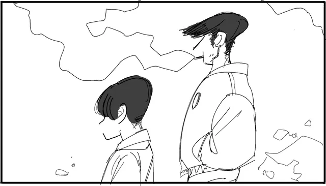 Two figures walk away, smoke drifting.