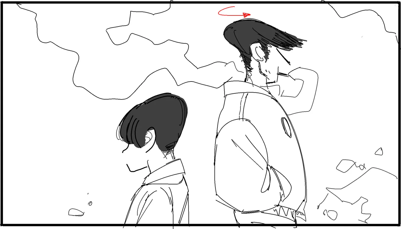 Same two figures, the taller one glancing back.