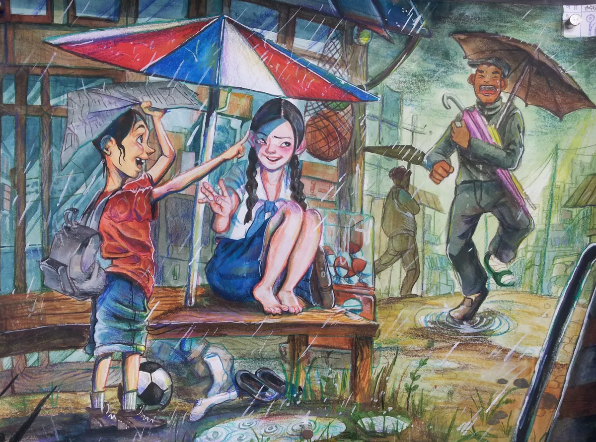 Watercolour: children under a red-and-blue umbrella on a wet street, a figure with an umbrella walking past.