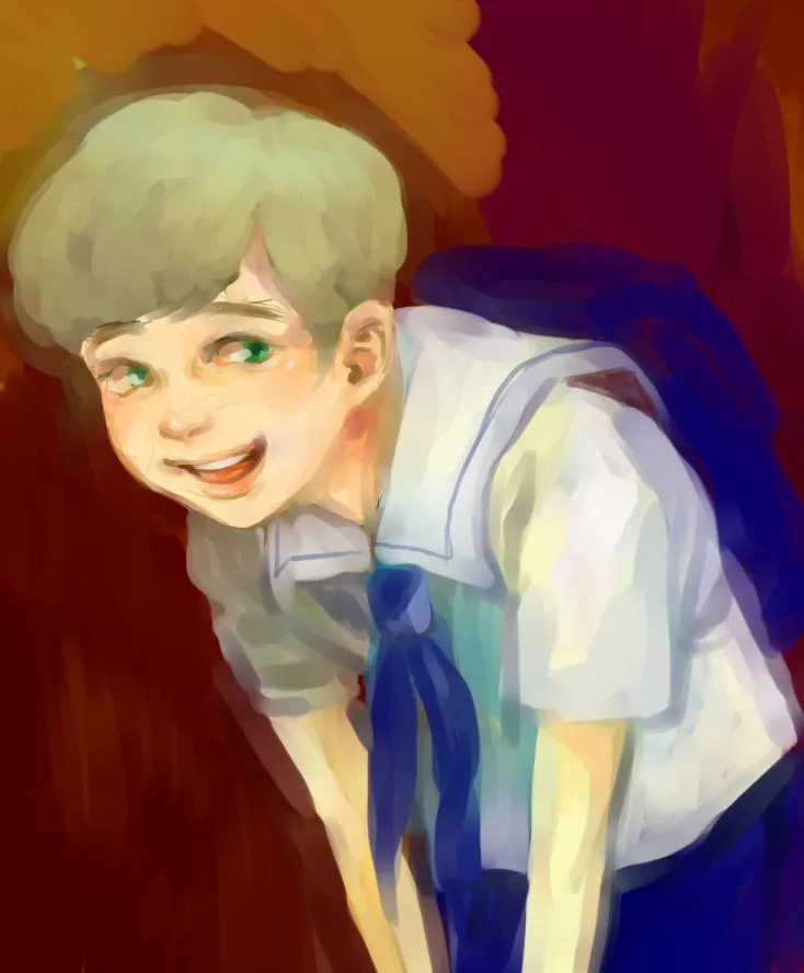 Digital painting: a boy in a white sailor shirt leaning forward and grinning, on a red ground.