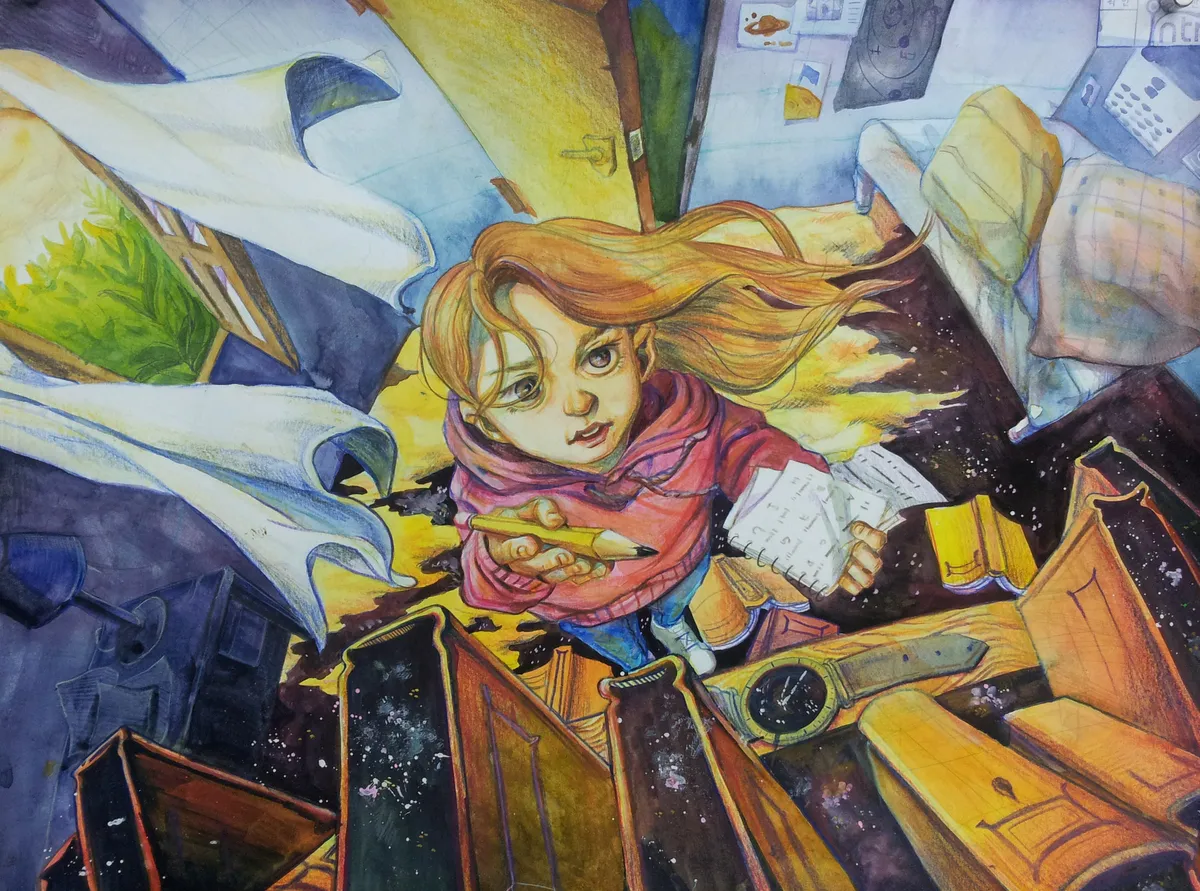 Watercolour: a girl in a pink scarf clutching a letter as a gust of wind scatters papers across a desk.
