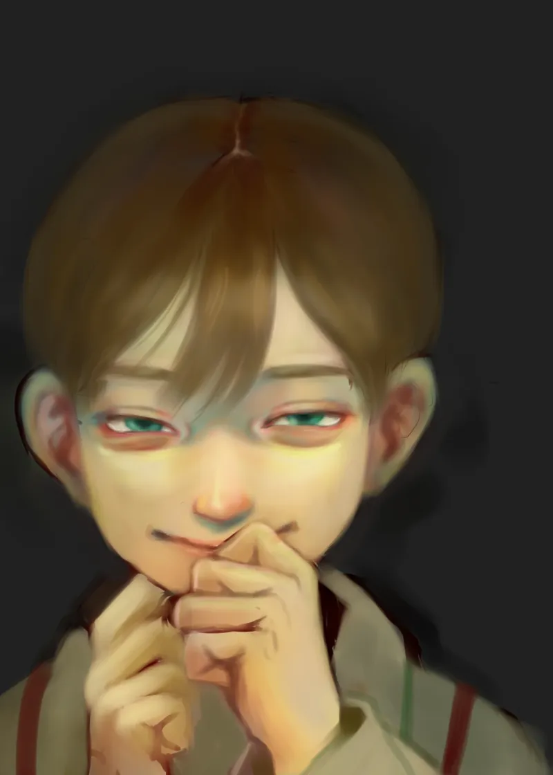 Digital painting: a child with a sly, scheming expression, hands clasped under the chin.