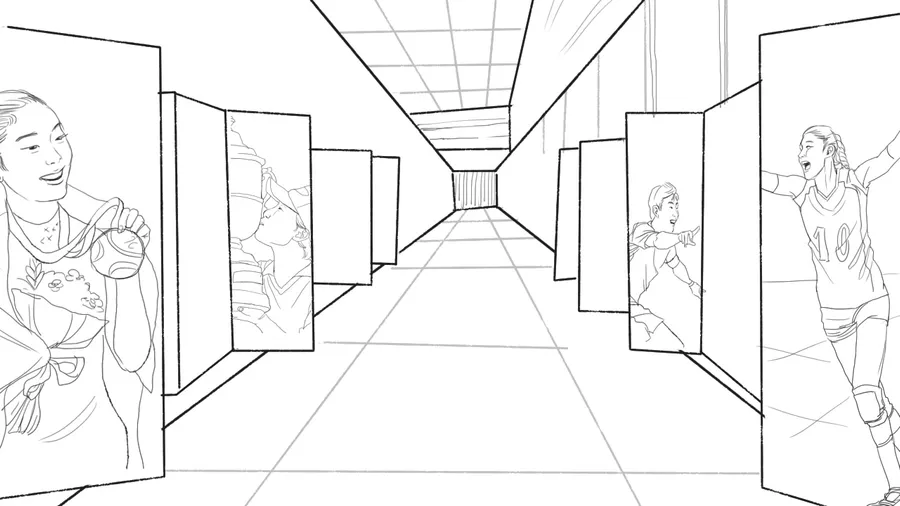 A one-point-perspective museum corridor lined with exhibits and photographs.
