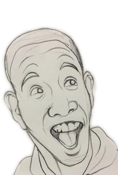Pencil on grey paper: a man with a wide-open mouth and raised brows, mid-shout.