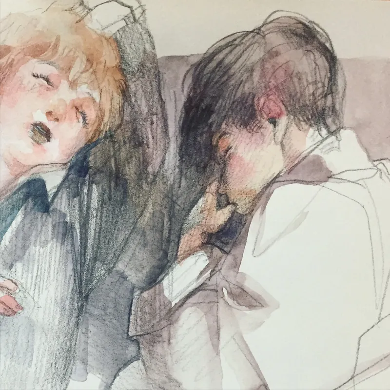 Watercolour and pencil: two passengers asleep, one with a dropped jaw, leaning into each other.