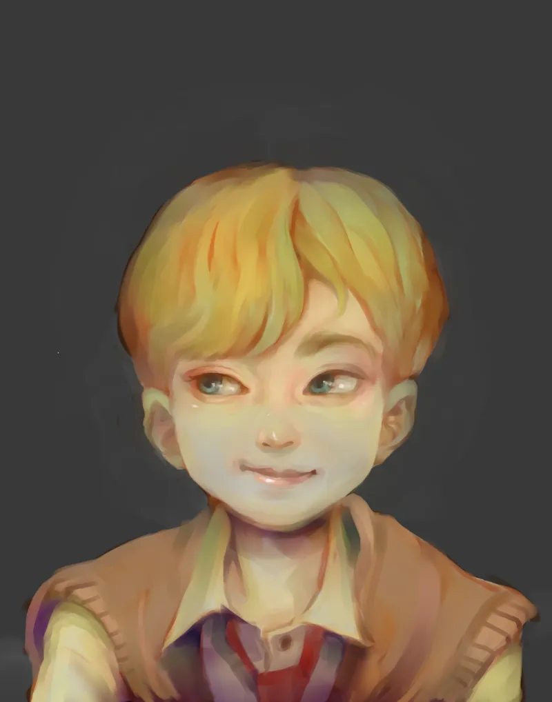 Digital painting: a smiling child's head and shoulders in a sweater vest, warm skin against a dark ground.