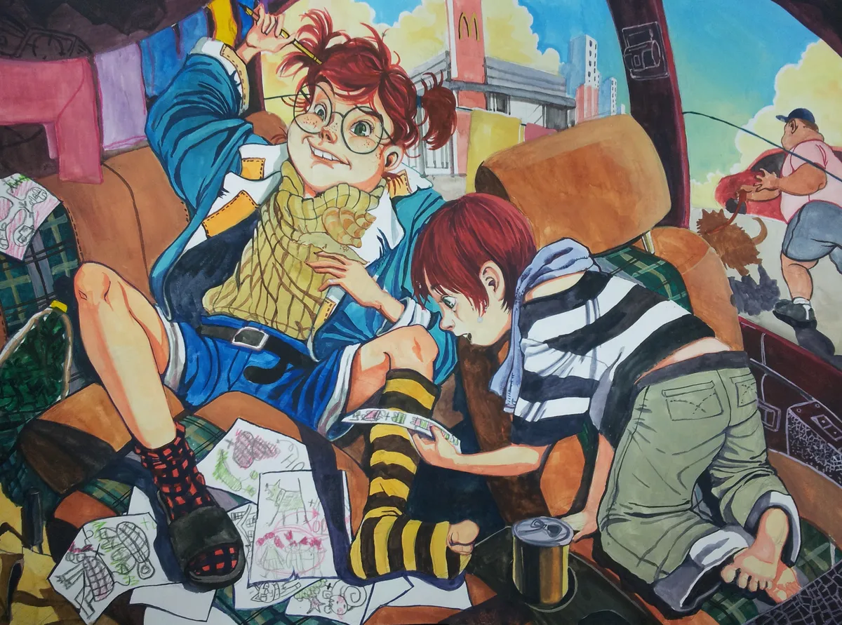Watercolour: a red-haired child with glasses and a child in striped socks sit on a floor covered in drawings.