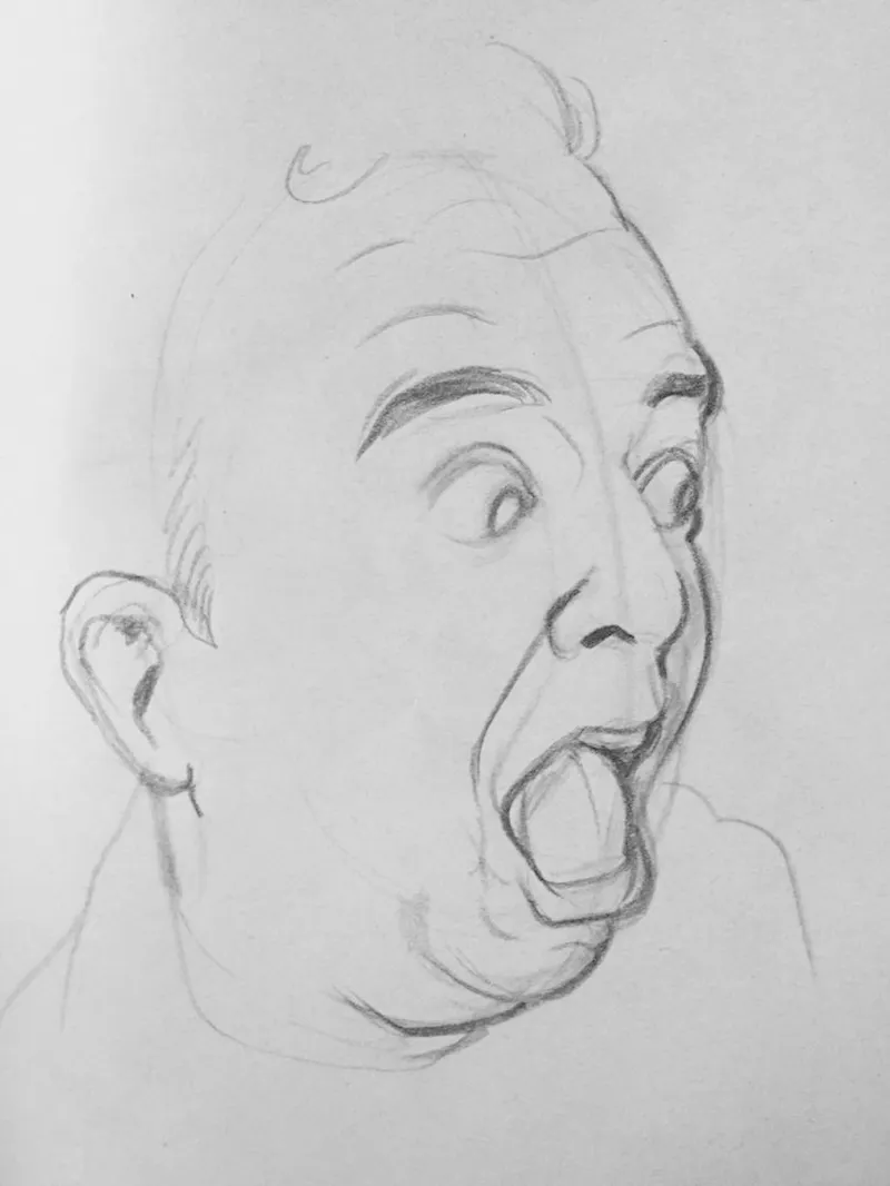 Pencil: a balding man with his mouth wide open in surprise.