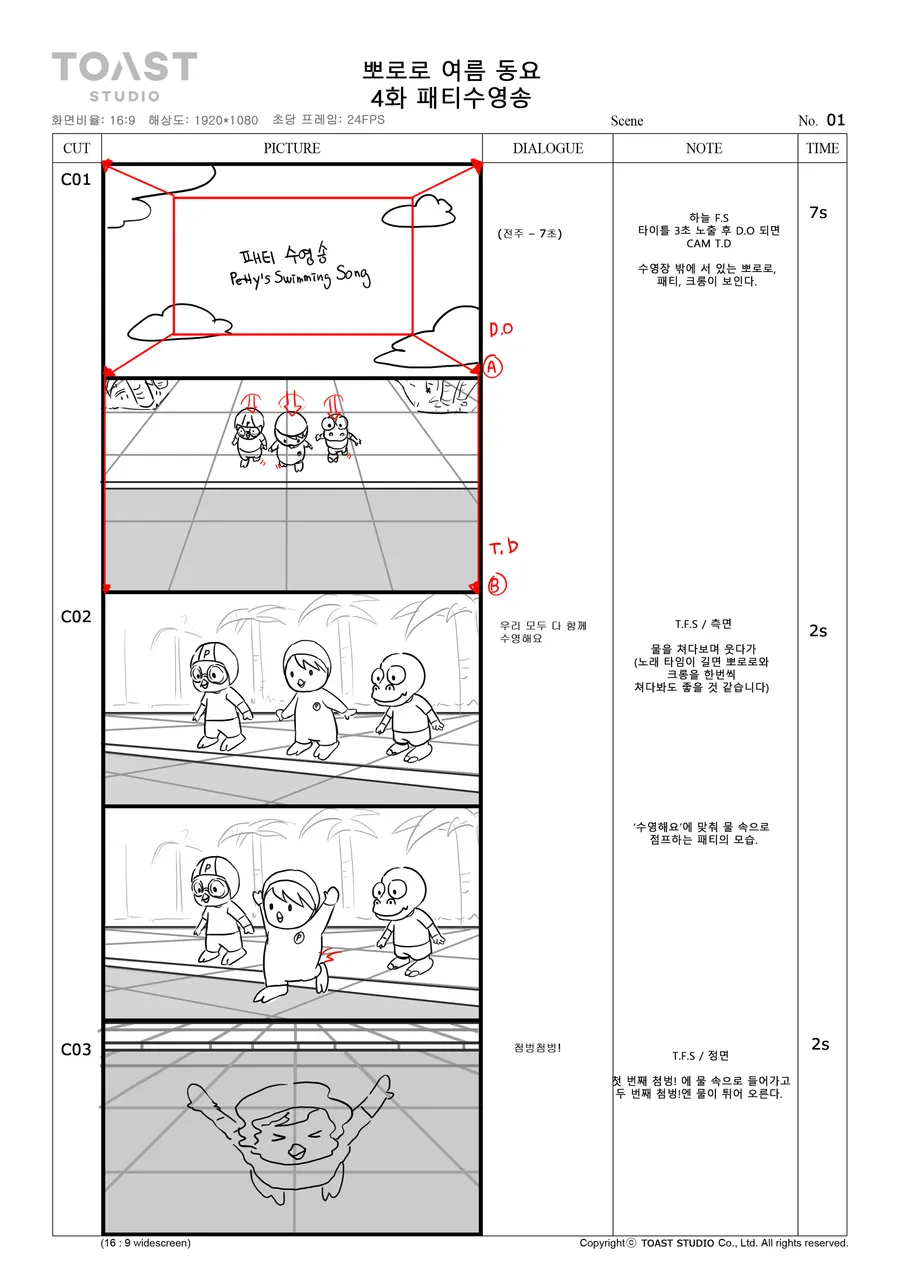 콘티 페이지: 수영장가 위의 손글씨 타이틀 카드, 물속에 줄지어 선 캐릭터들, 배영으로 뜬 한 명.