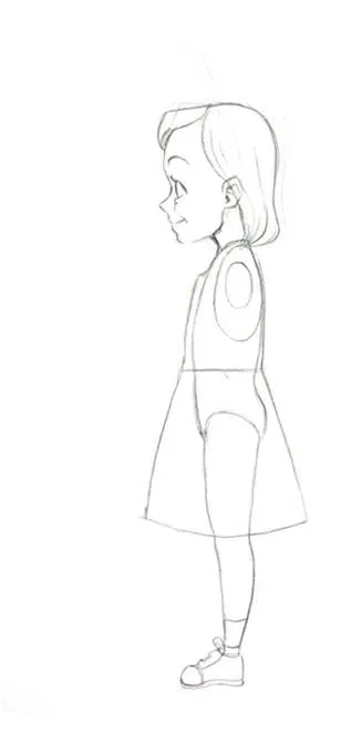 Pencil side view of a girl in a short-sleeved dress and sneakers.