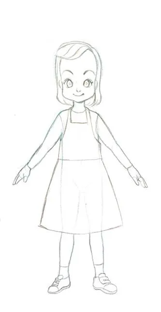 Pencil front view of the same girl, arms relaxed.