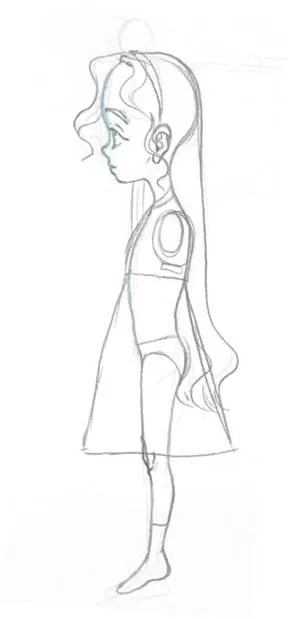 Pencil side view of a girl with a long ponytail.