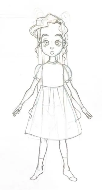 Pencil front view of a girl with curly hair in a sleeveless dress.