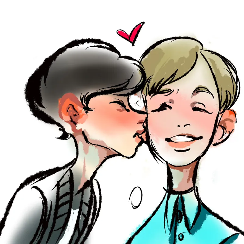 Digital sketch: two boys cheek to cheek, one laughing, with a small red heart above.