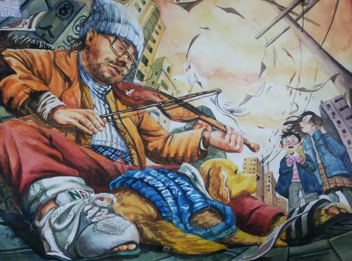 Watercolour: a bearded man in a red coat plays violin on a street, a bowl at his feet, a city behind.