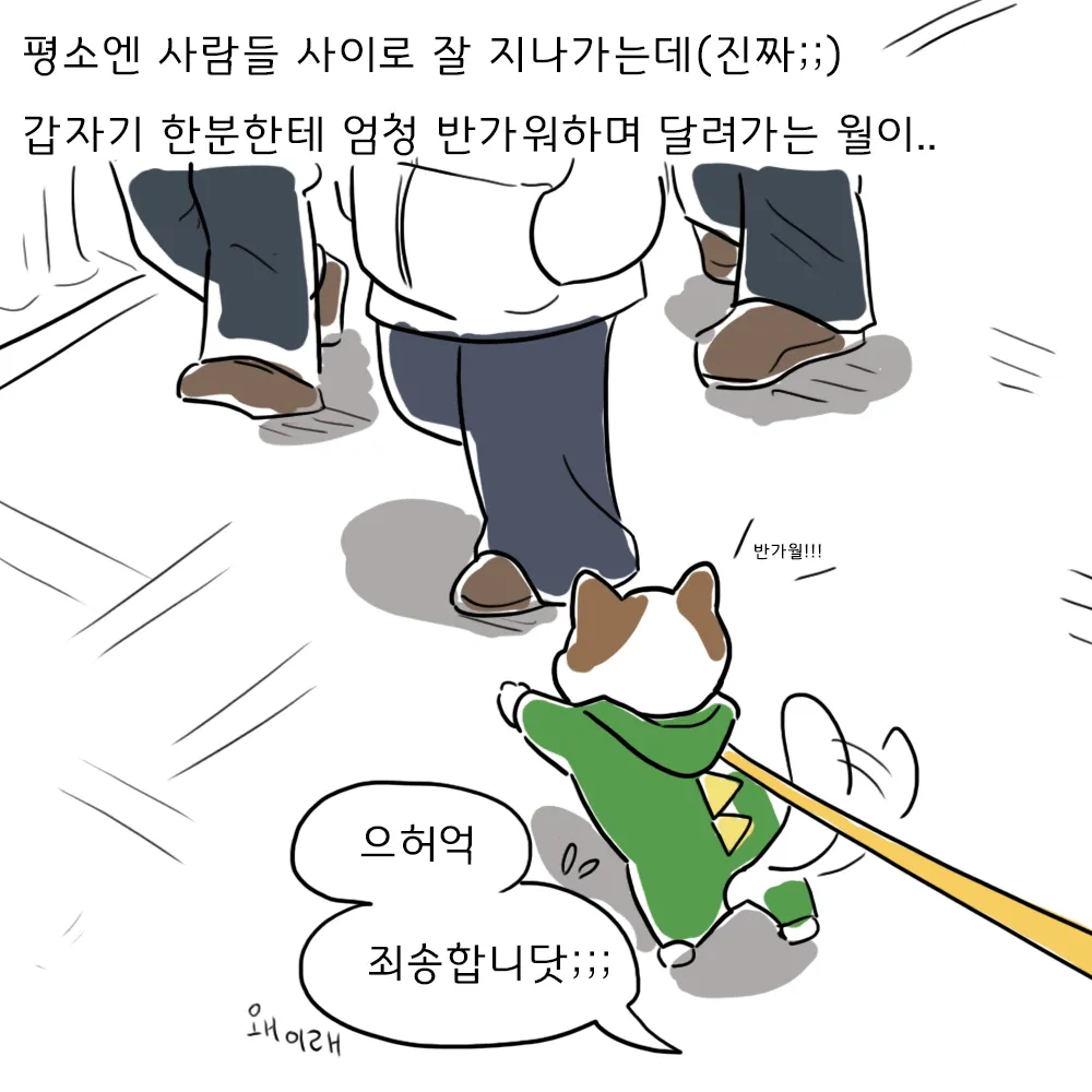 바지와 신발 세 켤레를 낮은 각도에서 본 컷, 개가 한 사람에게 꼬리를 세우고 달려들어 줄이 팽팽해진다.