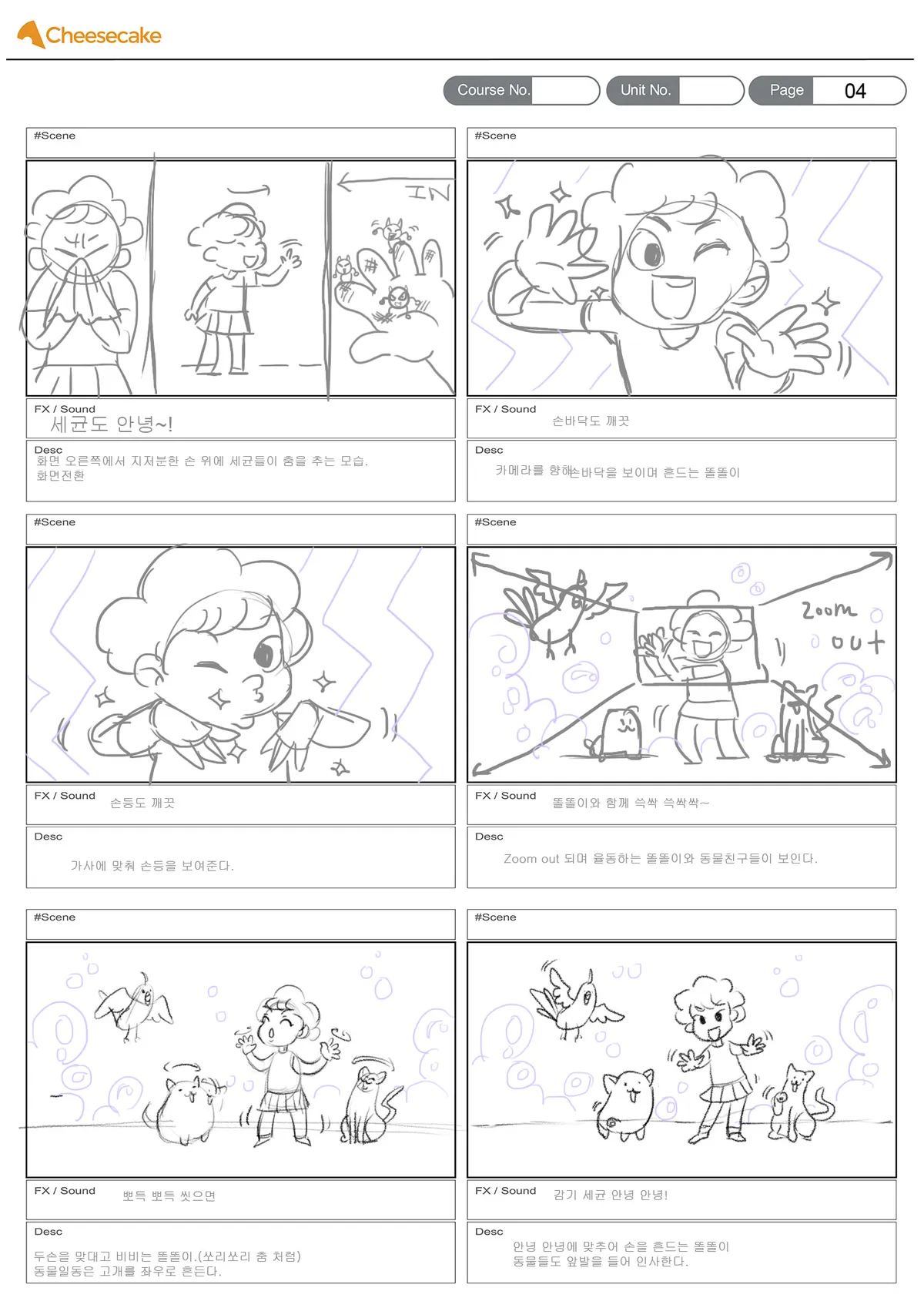 Storyboard page: germ characters crawl on a hand, a character winks and waves, a zoom-out gag.